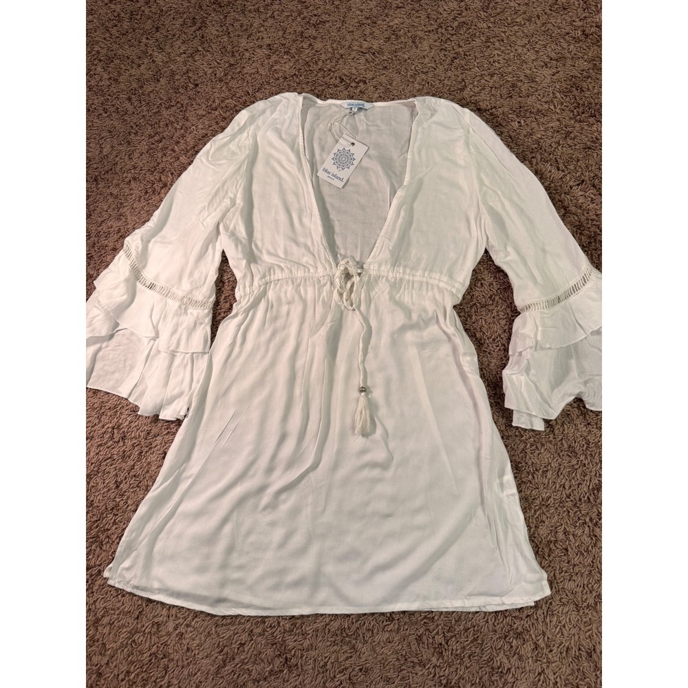 Blue Island Beach White Bell Sleeve Cover Up Dress Size Small NWT